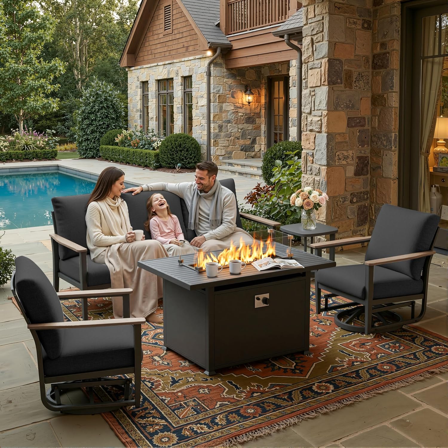 5pc Aluminum Patio Set Swivel  - Outdoor Furniture Fire Pit 评论和价格